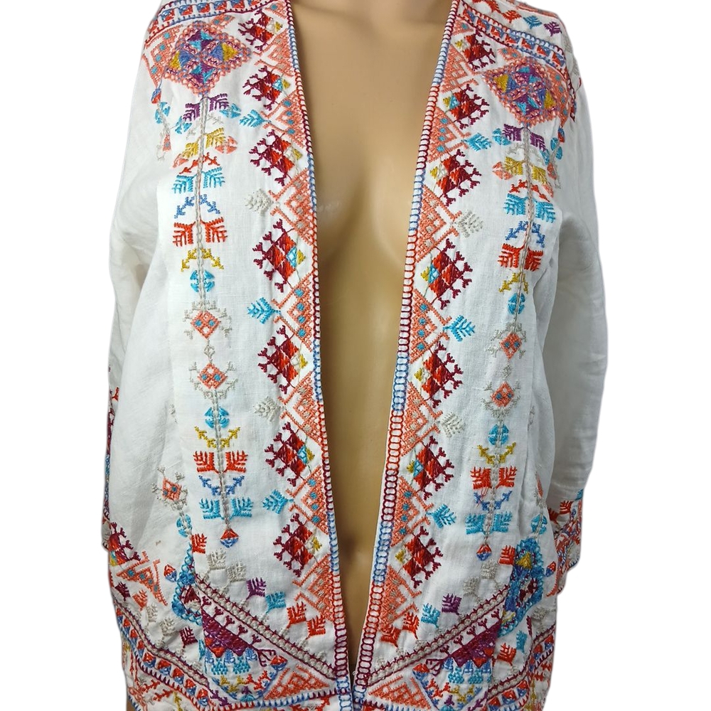 Johnny Was Velsia‎ Embroidered Linen Bolero XS White Boho Jacket